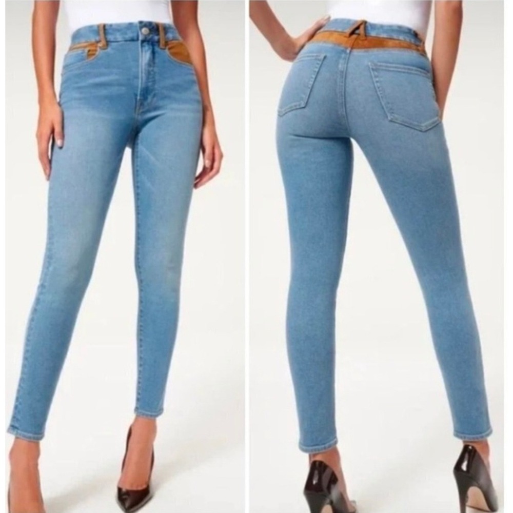 Good American Size 27 Suede mix blue jeans Mid Rise Stretch western skinny rodeo